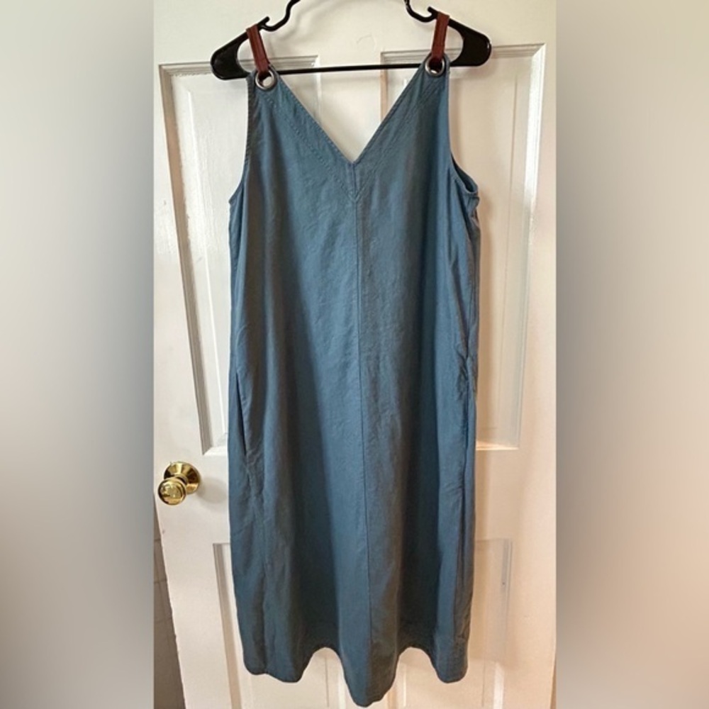 Loose Blue Linen Denim Sleeveless Apron Dress Leather Straps Hi-lo BCBGMAXZARIA